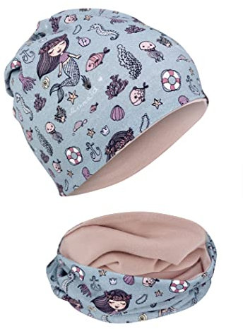 HECKBO Beanie & Loop Set Meerjungfrau - Wendemütze für Kinder 2-8 Jahre - Baumwolle hautfreundlich - Waschbar - Mädchen Loop Schal (48–54 cm)
