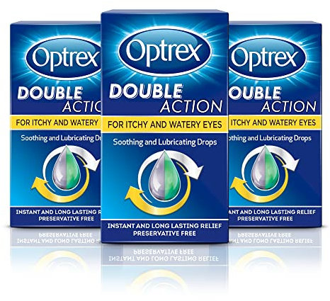 Optrex Double Action Eye Drops, For Itchy & Watery Eyes, Soothing & Lubricating Drops, 10ml, (Pack of 3, 30ml)