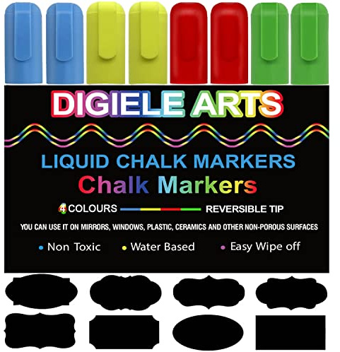 DIGIELE Marqueur Craie Rouge, Vert, Bleu, Jaune, 8 Feutre Craie Liquide 6mm + 32 Etiquettes Tableau, Effaçage par Humide ou Sec, Pointe Réversible Ogive ou Biseau Marqueurs pour Tableau/Fenêtre/Verre