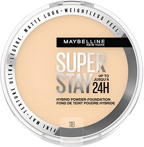 Maybelline Super Stay Up to 24HR Hybrid Powder-Foundation, Medium-to-Full Coverage Makeup, Matte Finish, 118, 1 Count
