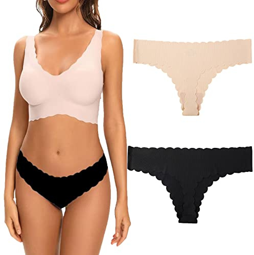 NiceYnn Lot de 2 Culotte Chic Femme Bord des Vagues Slip sans Couture Couleur Uni sous-vêtement String Tanga Elastique pour Anniversaire Noël Saint-Valentin Beige Noir S