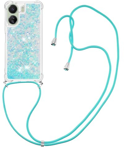 IMIRST Lanyardfodral kompatibelt med Redmi 13C bling flytande glitter silikonskal stötsäkert Kawaii-skydd med sladd halsband fodral för Xiaomi Redmi 13C. LP Stjärna Blå