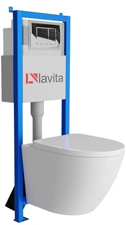 Lavita LAV 101 bâti-support pour WC 40 cm + WC suspendu à montage mural SOFI blanc sans rebord + Plaque de commande LAV 200.1.2 chromée | Ensemble complet | Réservoir encastré | Ensemble complet pour
