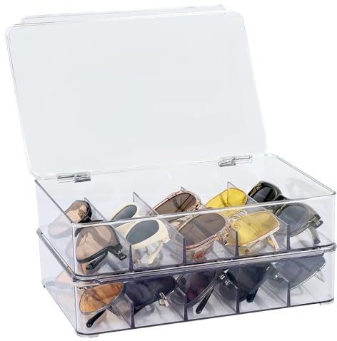 FORUP Sunglasses Organizer, Plastic Stackable Eyeglass Case Storage Organizer, Sunglass Glasses Storage Box with Hinged Lid, 5 Sections, 2 Pack, Clear