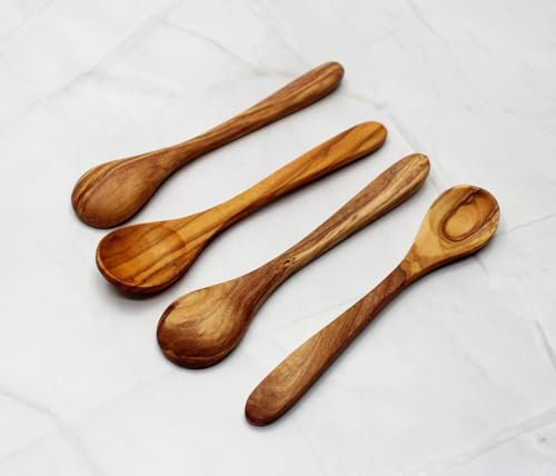 DAGDEG Lot de 4 Cuillères en Bois d'Olivier - Petites Cuillères à Soupe, Sucre, Café, Petit-Déjeuner et Confiture
