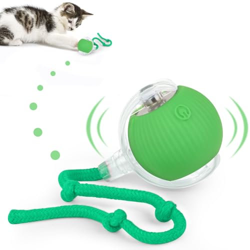KEWUZY Katzenspielzeug Elektrisch Katzenball mit LED Licht, Interaktives Katzenspielzeug Katzen Ball, 360-Grad-Ball Automatischer Modellierung Katzenball mit Seil, USB Wiederaufladbarer (Grüner)
