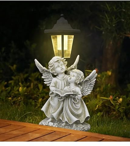 Statuetta decorativa a forma di angelo da giardino, lanterna decorativa per esterni, statuetta bianca effetto pietra, alimentata a LED