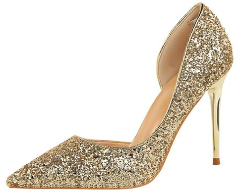 Xinmjoy High Heels for Women Sparkling Glitter Closed Toe Pumps Shoes Sparkly Heels for Wedding Party Evening Casual-Gold-UK