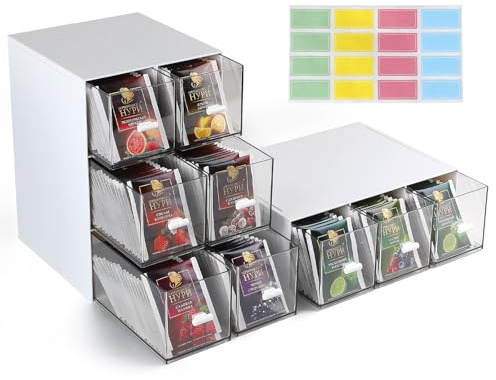 efuturetime 3 Pezzi Scatola da Tè con Cassetti 22,6x16,5x7,7cm Porta Tisane Bustine di Plastica Impilabile, Contenitore per Bustine di Tè per Capsule di Caffè, Infusi, Bianco
