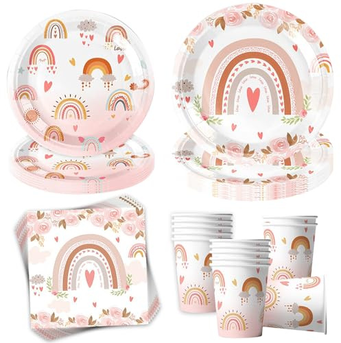 Sunshine smile Lot de 50 assiettes de fête au style bohème, arc-en-ciel, décoration pour anniversaire d'enfant, pour fête prénatale, fille