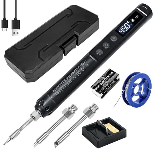 Kit de soldador con batería, USB recargable, con pantalla LCD, temperatura ajustable 200 – 450 °C, anillo de soldadura inalámbrico, 3 puntas de soldadura, kit de soldador inalámbrico profesional