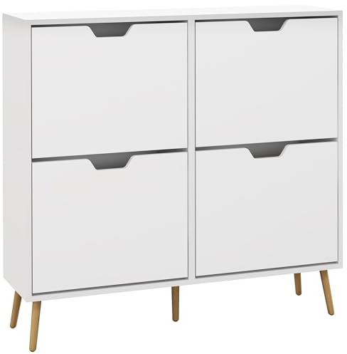HOMCOM Zapatero Estrecho con 4 Cajones Abatibles, Zapatero Entrada Recibidor con Patas de Madera y Estantes Ajustables, para 16 Pares de Zapatos, para Pasillo, 95x26x95 cm, Blanco