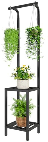 IBUYKE 170cm de Alto Soporte para Plantas para Interior, 3 Niveles de Metal Colgante Estante para Flores, Estantería para Plantas Soporte para Flores para Salón Balcón Jardín, Negro TMJ076B