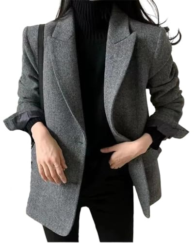 Damen Übergröße Solid Wool Blazer Herbst Casual Revers Blazer, grau, M