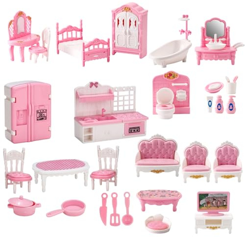 DAJASD 32 PCS Kit de Meubles de Maison de Poupée, Ensemble de Meubles de Maison de poupée, Accessoires de Maison de Poupé avec Chambre à Coucher, Salle Bain, Cuisine et Salon pour Garçons, Filles