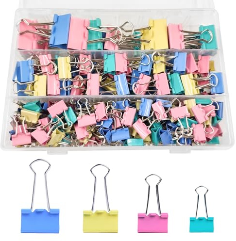 170Pcs Colored Binder Clips,Assorted Sizes Bulldog Clips 32mm 25mm 19mm 15mm Metal Foldback Clips Paper Clips Clamps for Office Supplies, Home, Kitchen, Shops, School Document Organizing (4 Color)