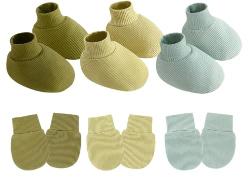 Gissroys Juego de 3 guantes y patucos resistentes a los arañazos de algodón transpirable, manoplas monocromáticas para bebés de 0 a 3 meses, guantes de bebé resistentes a los arañazos, Set D, Talla