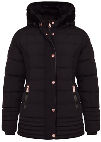 Spindle Womens Ladies Hooded Black Short Fur Parka Quilted Padded Puffer Coat | Zip Side Pockets | Faux Fur on Hood | Fleece Lined Body and Hood Black 8