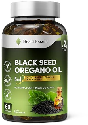 HealthEssent Oil of Oregano with Black Seed Oil 6500mg Complex - 5-in-1 Blend with Turmeric, Ginger & Black Pepper - High Potency Carvacrol & Thymoquinone - (2 Month Supply) - 60 Vegan Capsules