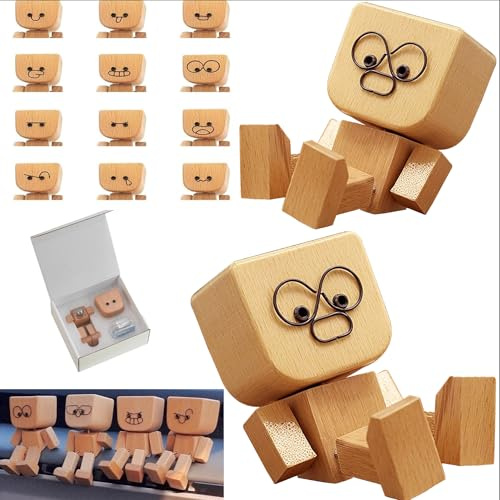 HOSYH Charming Shaking Feet Wooden Man Figurine, Little Wooden Statue That Sways, Car Dashboard Figurines with Spring Legs with Rich Expression Accessories Decorations Doll Gifts (2)