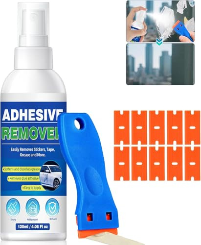 Eliminador de pegamento en spray, potente removedor de pegamento adhesivos con rascador, limpieza de residuos pegajosos, quita silicona para etiquetas, adhesivos, cinta adhesiva de ventanas, cristales