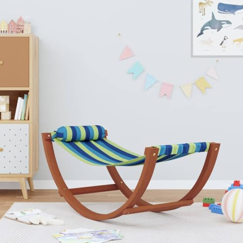 RMIHSJG Hamac à bascule pour enfants en tissu bleu et vert avec cadre en bois de peuplier - Coussin amovible - Compact et léger - Pour l'intérieur et l'extérieur - Mouvement à bascule