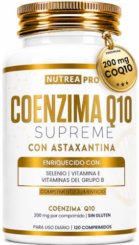 Coenzima Q10 200mg Fórmula Supreme con astaxantina natural pura, Vitaminas B2, B6, B12, Vitamina E y Selenio | 120 Cpr (4 Meses) | Q10 coenzima NUTREA PRO®