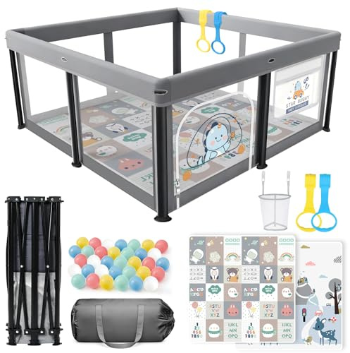 SOFTHOM Laufstall Baby Faltbar 127x127 mit Matratze, Tragbar Laufgitter 360° Atmungsaktivem Netz, Oxford Stoff/Rutschfester Basis, Sicher Spielplatz für Kinder, Innen/Außenbereich,Ozeanbälle/Zugringen