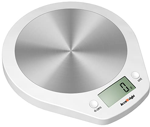 ACCUWEIGH 203 Stainless Steel Digital Kitchen Scale with Tare Function, LCD Display and Multiple Measurement Units, 5Kg Capacity Food Weighing Scale, White