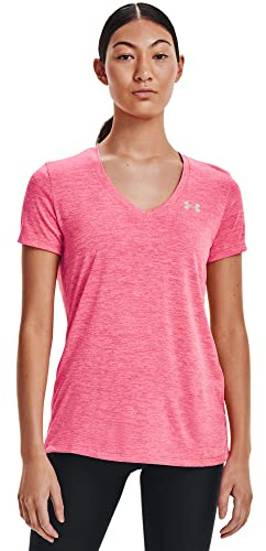 Under Armour Tech Short Sleeve V - Twist, kurzärmliges & atmungsaktives Laufshirt für Frauen, ultraleichtes T-Shirt mit loser Passform Damen, Cerise / Pink Lemonade / Metallic Silver , S