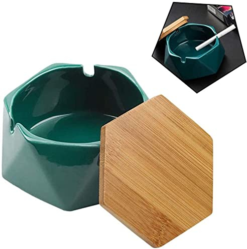 LATRAT Posacenere in ceramica con coperchio, posacenere per sigari antivento, geometrico, semplice posacenere in ceramica con coperchio in legno esagonale per casa, ufficio, verde