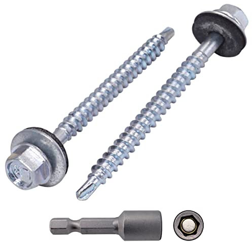 Paquete de 80 tornillos autoperforantes DIN 7504-K de acero galvanizado de 4,8 x 60 mm, con arandelas EPDM, cabeza de arandela hexagonal, tornillo de chapa, autorroscante (80, 4,8 x 60 mm)