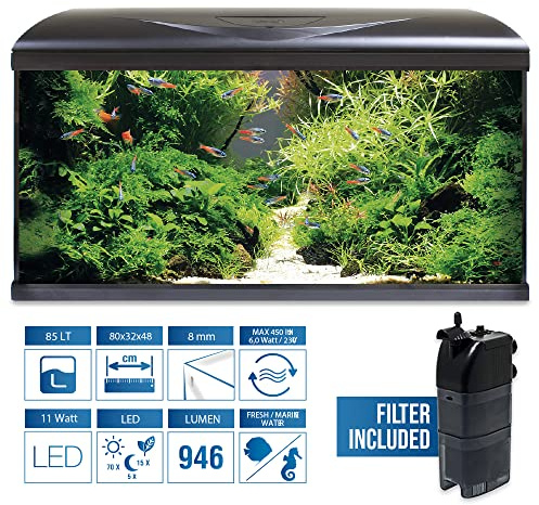 Amtra Acquario System Tank V2 - Acquario completo in vetro 85 Litri, Luce Led 11 Watt e Pompa Filtro inclusi, acqua dolce o salata, Nero, 80x32x48 CM