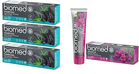 Biomed Charcoal Natural Toothpaste for Triple Whitening and Gum Care 100 g (Pack of 3) & Sensitive Natural Toothpaste for Enamel Strengthening, 100 g (Pack of 1)