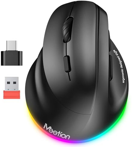 MEETION Linkshänder-Maus, Ergonomisch, Kabellos, Vertikal, RGB für Bluetooth (5.2 + 3.0) und USB-A Mit Typ-C-Adapter, 4 Einstellbare DPI, für Mac/Windows/PC/Tablet/iPad, Schwarz