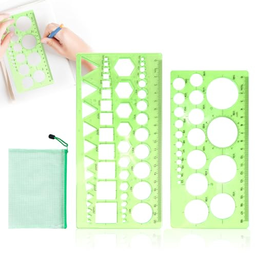 Multifunktionell geometrisk linjal, 2 st 1-18 cm mätmallar grön plast transparent cirkelmall geometriska schabloner för målning barn arkitektskola, med blixtlåsväska