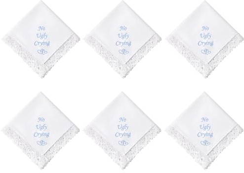 HOULIFE Wedding Handkerchiefs for Bride, Something Blue Wedding Brides Gift Embroidered Handkerchief with Lace Edges (No Ugly Crying-6 PCS)