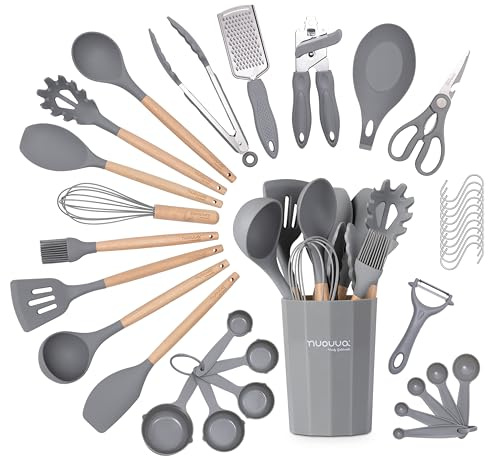 Kitchen Non Stick Cooking Utensils Set – Heat Resistant Silicone Utensils with Wooden Handle – Ladles, Spoons and Spatulas Set – Kitchen Tools & Accessories – 35pcs, Grey – by Nuovva