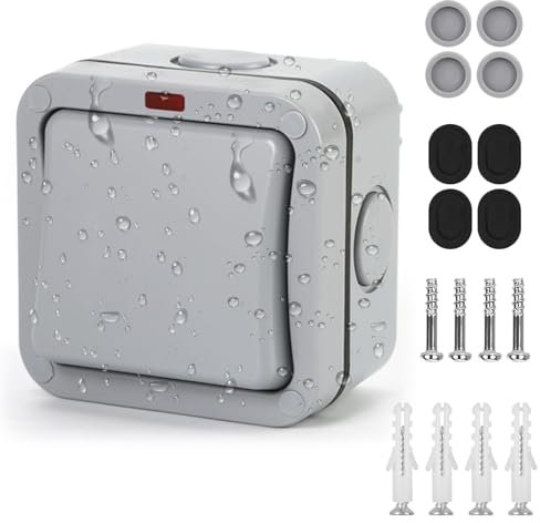 Herbst Wetterfester Schalter Lichtschalter Außen, 20A IP66 Universalschalter Wasserdicht Schalter mit Unabhängigem Schalter Und Kontrollleuchte Grau Aussen Switch für Outdoor Garten Balkon