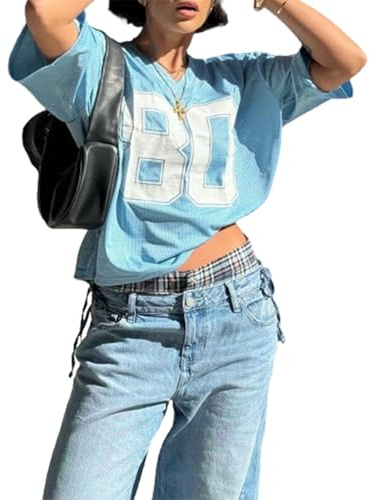 FeMereina Shirts for Women Y2k Oversized Number Graphic V Neck Short Sleeve Jersey T-Shirt Blokecore Aesthetic Streetwear (Blue, M)