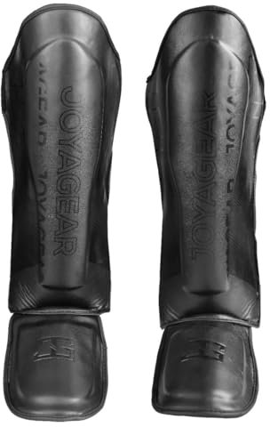 JOYAGEAR Espinilleras Kickboxing - Evolution - Negro - Talla M - Deportes Marciales Sparring Espinilleras - Protector de piernas Kickboxing Espinilleras - Fabricado en microfibra tailandesa