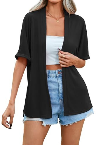 Famulily Women's Cardigans for Summer, Loose Fitting Front Open Cardigans Ladies Half Sleeves Cover ups (XL, Black)