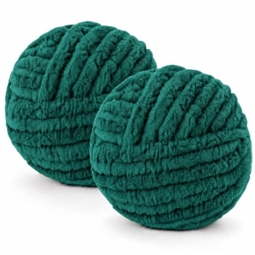 Chunky Yarn Wool 2×250g 54m, XXL Soft Fluffy Chunky Wool for Hand Knitting | 2CM Thick Jumbo Chunky Wool Balls Blanket Yarn for Scarves, Bags, Hats, Pillow, Cushion, DIY Crafts (Dark Green)