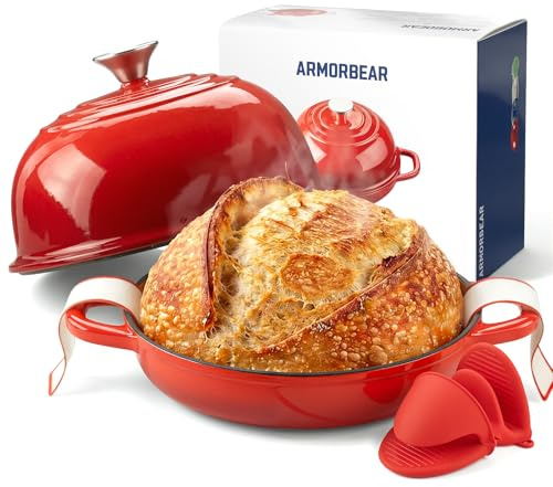 Armorbear Gusseisen Topf Brot Backen, 4,7L Bräter Emaille Schmortopf mit Deckel und Griffen, 24 cm Dutch Oven, Brotbacktopf für Selbstgemachte, Geshenke für Sauerteigbäcker, Rot