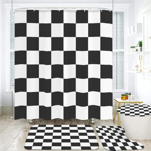Black White Checkered Bathroom Set, 4 Piece with Shower Curtain 70.8, Bath Mats, Toilet Cover, U-Shape Rug, Frosted Privacy, Checkerboard Pattern