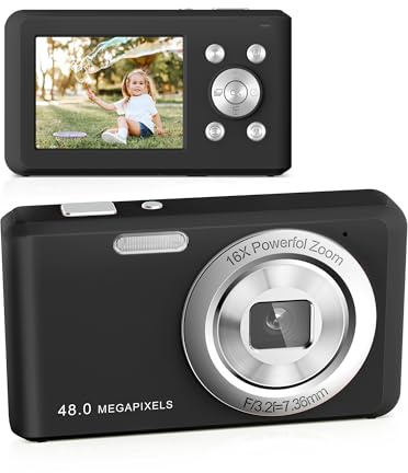 Appareil Photo Numérique, HD 1080P avec Carte Mémoire 32 Go, Appareil Photo 48 Mégapixels, écran LCD 2,4 Pouces, Zoom Numérique 16x pour Les Enfants, Les Filles, Les Adolescents(Noir)