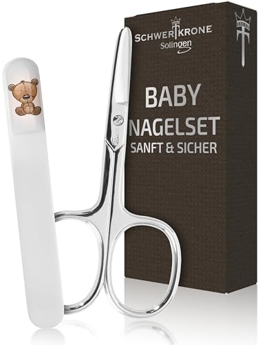 SCHWERTKRONE Solinger - Set di forbici per unghie per bambini con punta arrotondata e lima per unghie in vetro in cristallo di Boemia, sicure e delicate per neonati e piccoli orsi