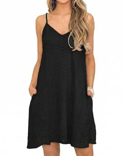 SENBATU Robe d'Été Femme Broderie Anglaise Col V Robe de Plage sans Manches Bretelles Réglables Midi Cache-Maillot avec Poches