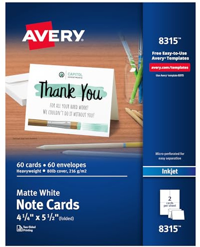 Avery Printable Note Cards with Envelopes, 4.25 x 5.5, Matte White, Inkjet Printer Compatible, 60 Blank Cards Total, Great for Product Branding, Marketing, and More (8315)