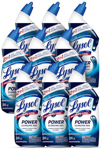Lysol Toilet Bowl Cleaner, Max Strength Bathroom Cleaning Supplies, Toilet Bowl Cleaner Clinging Gel, Home Essential, Instant Stain Removal, Disinfecting and Deodorizing, Bleach Free, 24 oz (9 ct)
